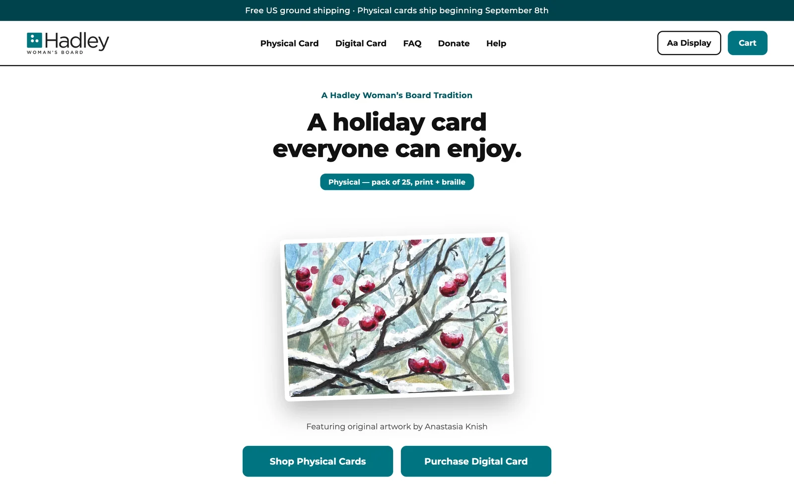 The 2026 store homepage: a headline, the card artwork, and buttons for physical and digital cards