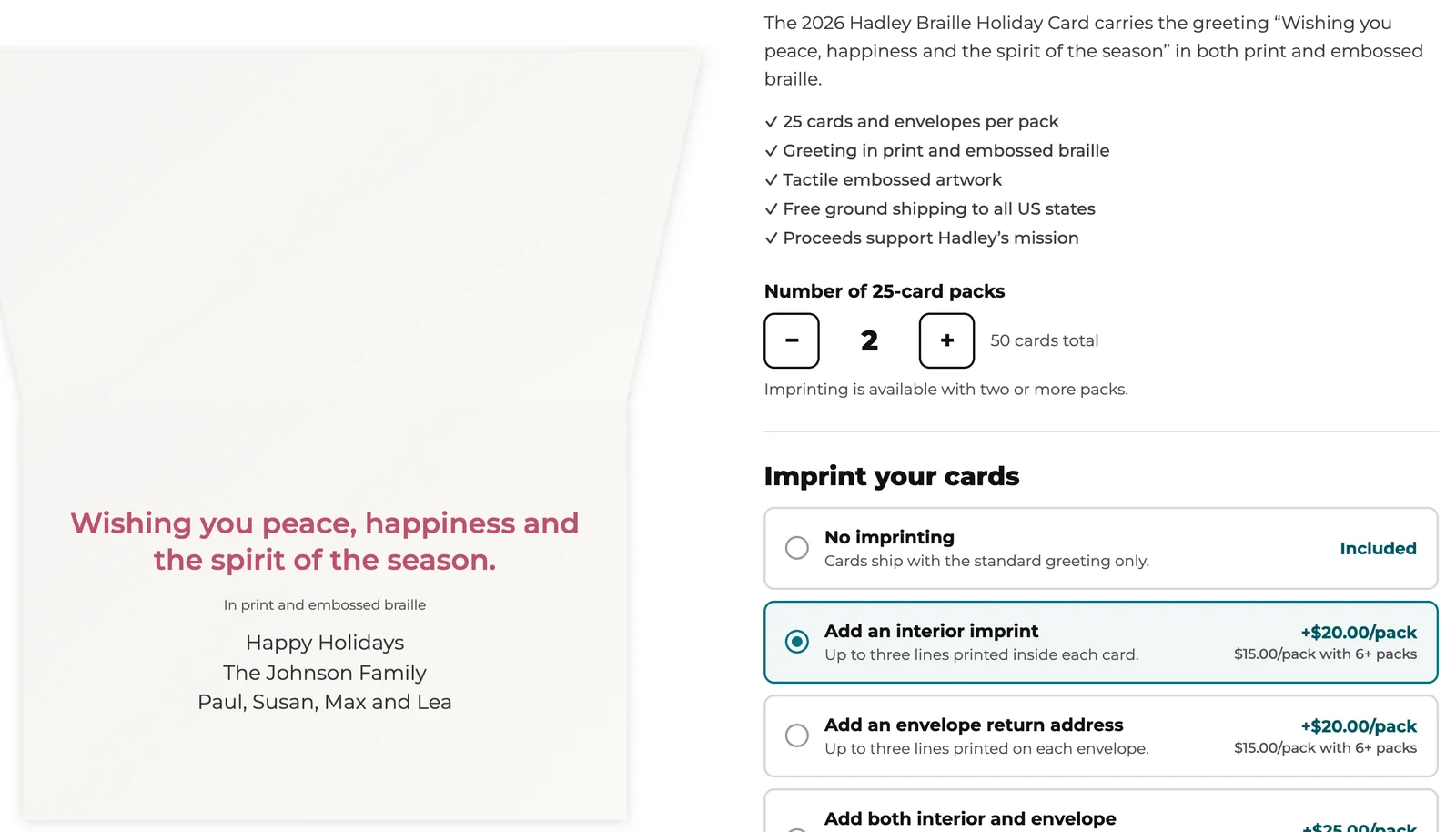 The 2026 configurator: two packs selected, interior imprint chosen, and the typed lines shown inside the card preview