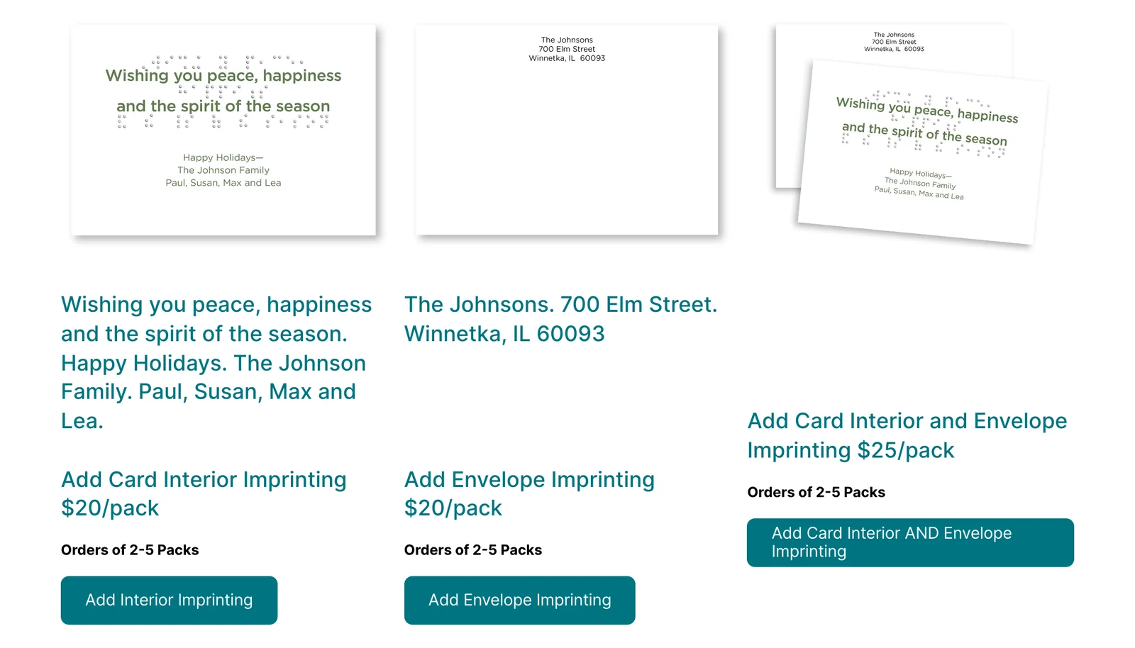 Three of the 2025 store’s imprinting add-on products, each with its own price and add button